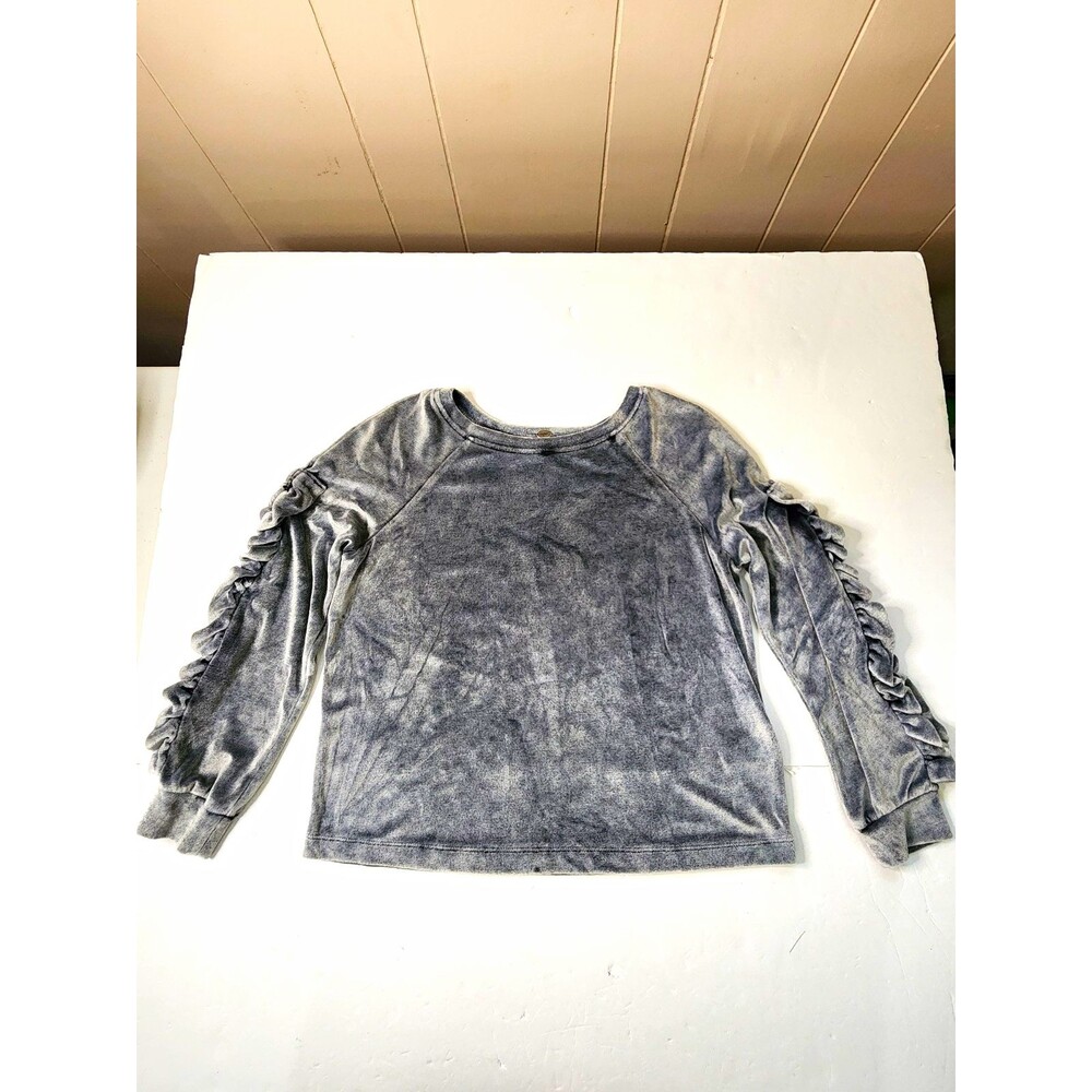 Cupio Womens Gray Knit Ruffle Long Sleeve Crew Neck Pullover Top Size S